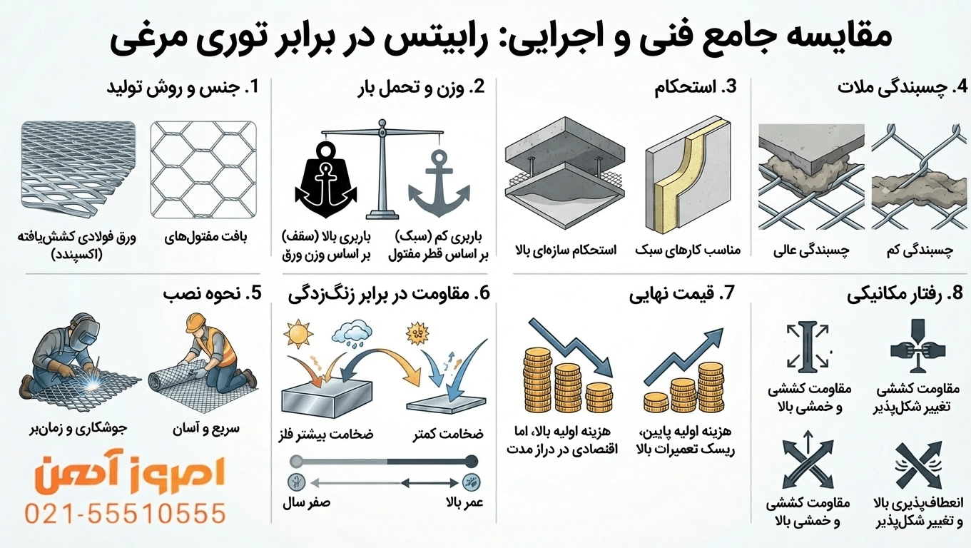 تصویر اینفوگرافیک بررسی جامع تفاوت رابیتس و توری مرغی در 8 مولفه اصلی، آیا میشه توری مرغی را جایگزین رابیتس کرد؟