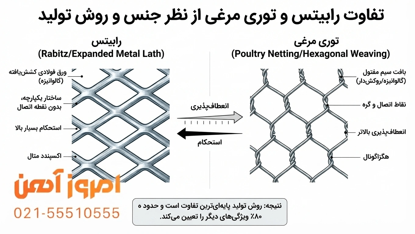تفاوت توری مرغی و رابیتس براساس جنس و روش تولید اولیه