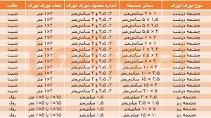 جدول سایز توری لوزی